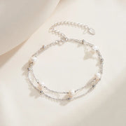 925 Sterling Silver Double Chain with Natural Freshwater Pearl and Gold-Plated Ball Bead Bracelet