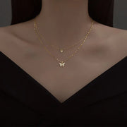 925 Sterling Silver Butterfly Necklaces Two Layers Double Chain Butterflies Diamond Gold Plated Necklaces