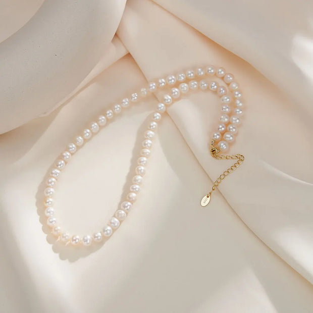 6-7MM round natural freshwater pearl gold plated necklace