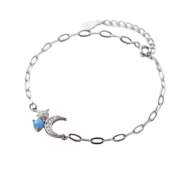 Fine Jewelry 925 Sterling Silver Friendship Bracelet with Moon and Star Opal Zircon