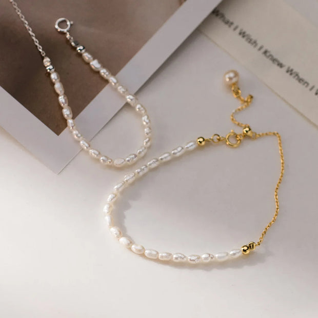 925 Sterling Silver Bracelets – Small Natural Real Pearl Gold-Plated Bracelets for Women