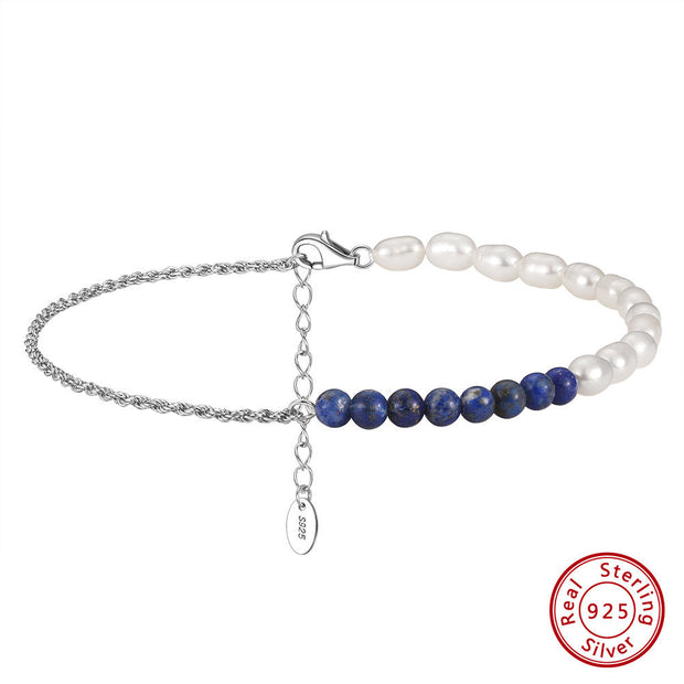 925 Sterling Silver Gold-Plated Minimalist Lapis Lazuli and Pearl Anklet