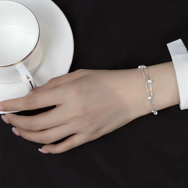 925 Sterling Silver Double-Layer Five-Pointed Star and Ball Bracelet