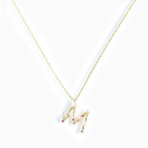 925 Sterling Silver Butterfly Necklace with Colorful Diamonds and Gold Plated Letter Charm