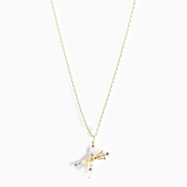 925 Sterling Silver Butterfly Necklace with Colorful Diamonds and Gold Plated Letter Charm