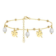 925 Sterling Silver Gold-Plated Anklet with Dangling Clovers and Pearls