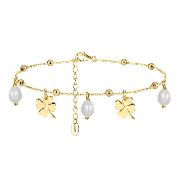 925 Sterling Silver Gold-Plated Anklet with Dangling Clovers and Pearls