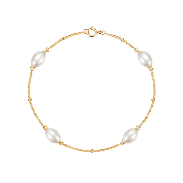 925 Sterling Silver Pearl Bracelet with Gold-Plated Chain for Women