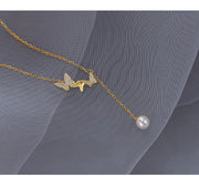 925 Sterling Silver Butterfly Necklace with Diamond and Pearl Tassel Chain