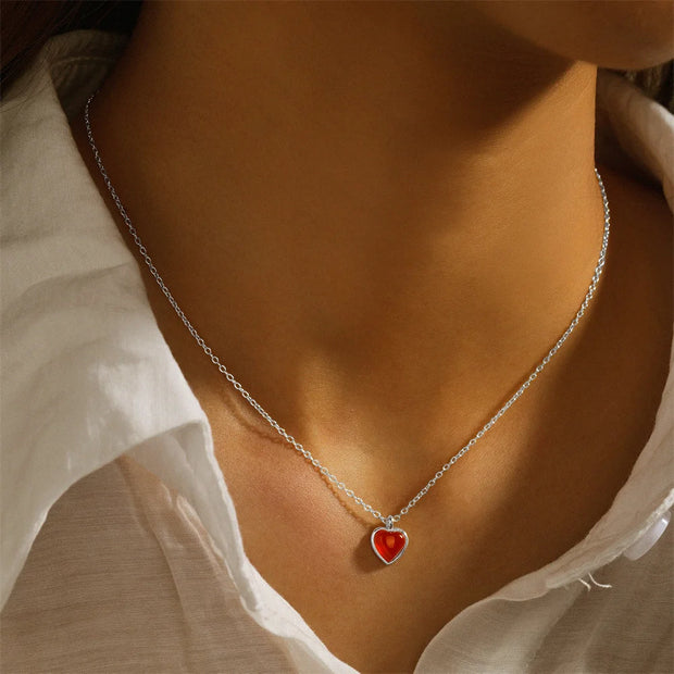 925 Sterling Silver Agate Red Heart Pendant Necklace