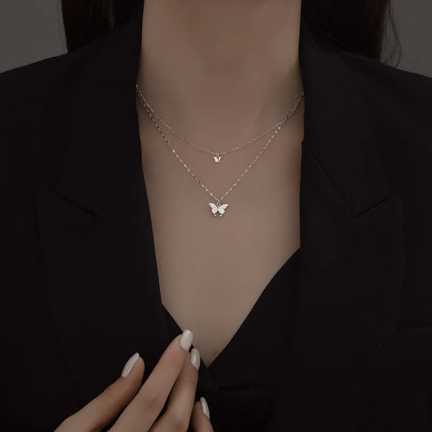 925 Sterling Silver Butterfly Necklaces Two Layers Double Chain Butterflies Diamond Gold Plated Necklaces