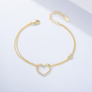 925 Sterling Silver Hollow Love Heart Zircon Double Chain Gold Plated Bracelet