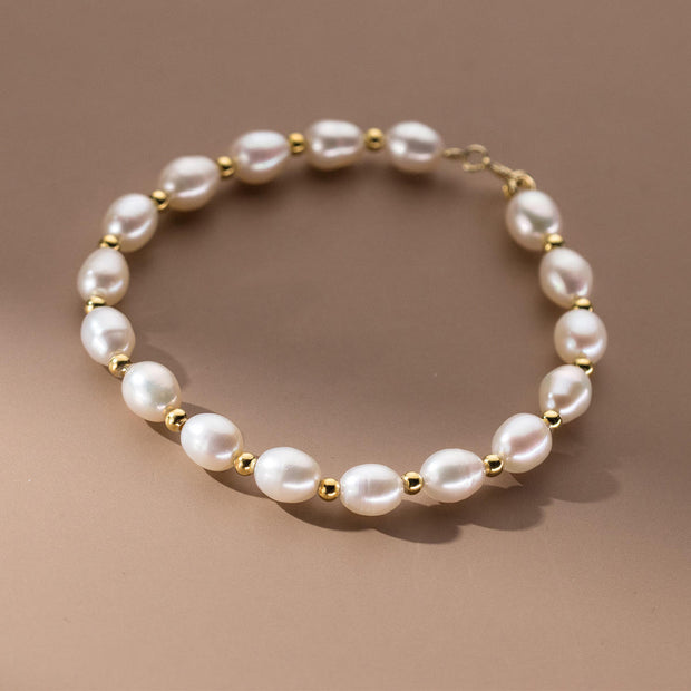 Sterling Silver Minimalist Natural Pearl & Golden Bead Bracelet