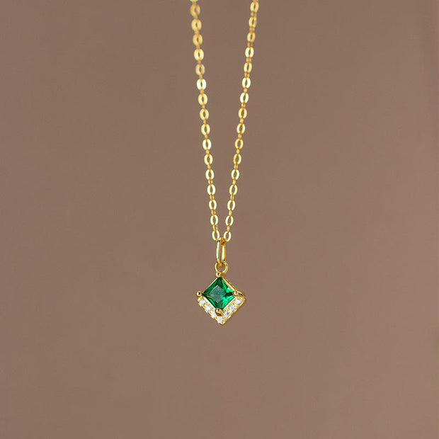 Geometric Glam: 925 Silver Rhombic Green and White Zircon Necklace