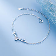 925 Sterling Silver Antler Bracelet - Elk Deerhorn Diamond Charm Bracelet