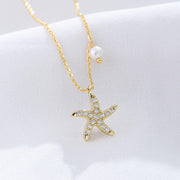 Starfish Charm: 925 Silver Pearl and Diamond Necklace with Five Star Zircon Accents