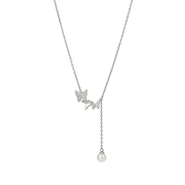 925 Sterling Silver Butterfly Necklace with Diamond and Pearl Tassel Chain