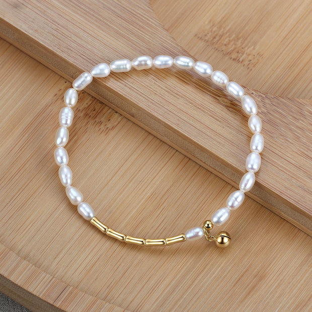 925 Sterling Silver Natural Freshwater Pearl Bracelet with Little Bell