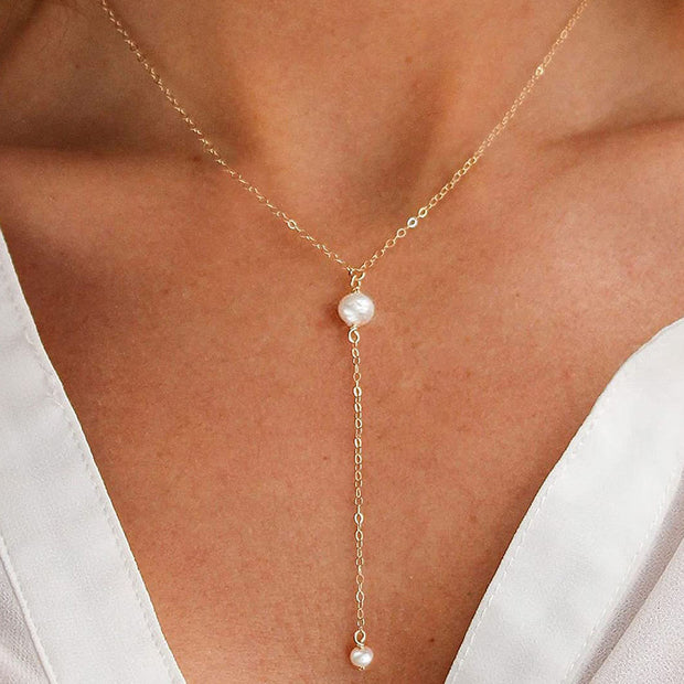 925 Silver Necklace for Women Sterling Silver Small Pearl Pendant Choker Necklace 18K Gold Plated Y Necklace