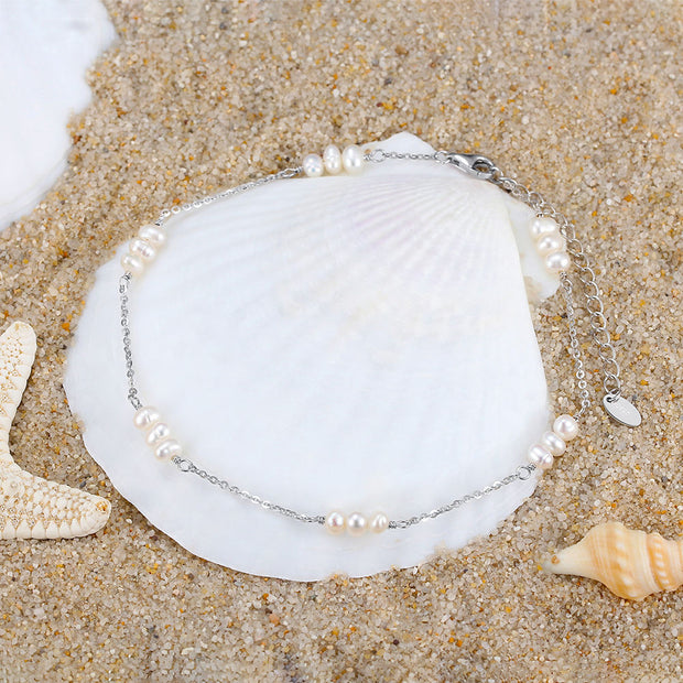 925 Sterling Silver Summer Beach Anklet with Triple White Freshwater Pearls