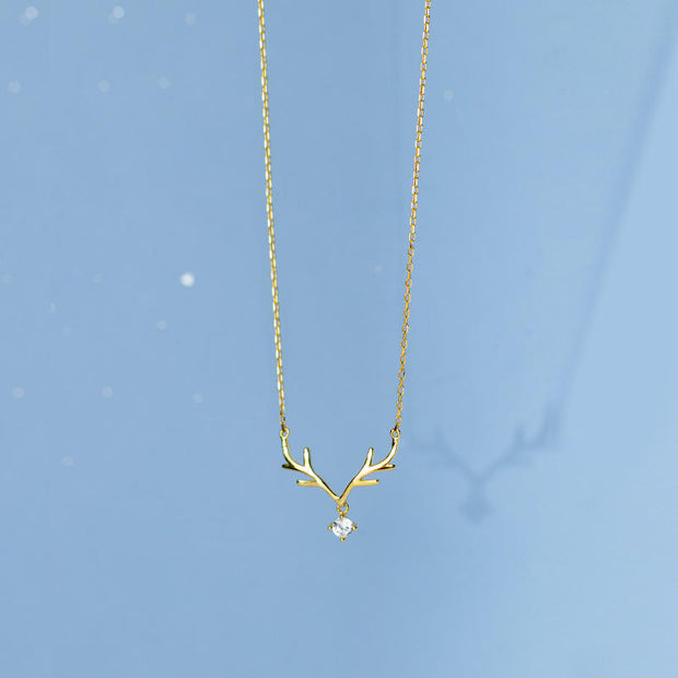 925 Silver Elk Antlers Zircon Pendant Necklace