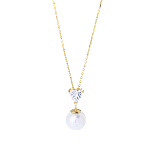 Heartfelt Elegance: 925 Silver Pearl Necklace with Single Round Pearl and Heart-Shaped Zircon