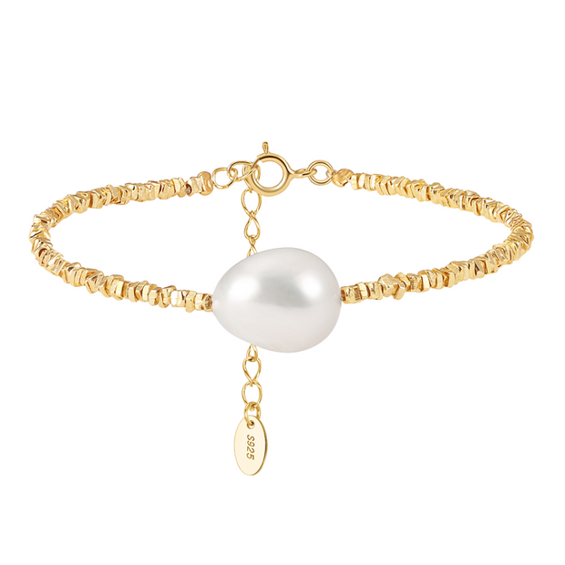 925 Sterling Silver Natural Freshwater Pearl Shiny Chain Bracelet