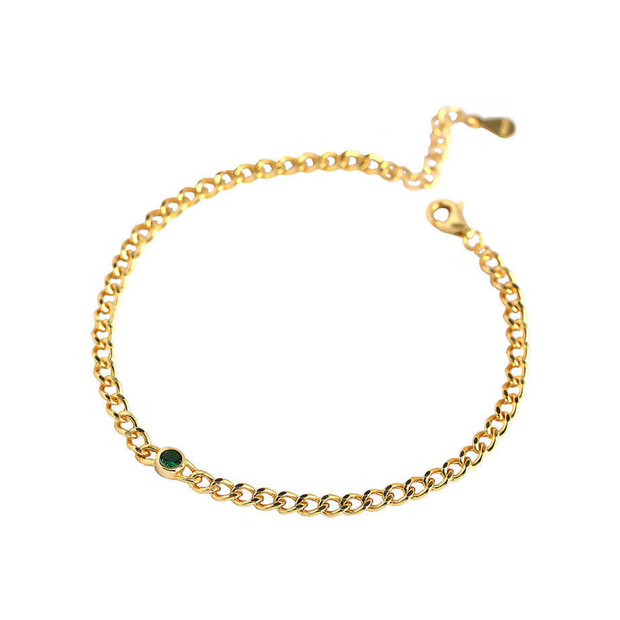 925 Sterling Silver Gold Plated Curb Chain Bracelet – Fashion Jewelry with Emerald Green Zircon