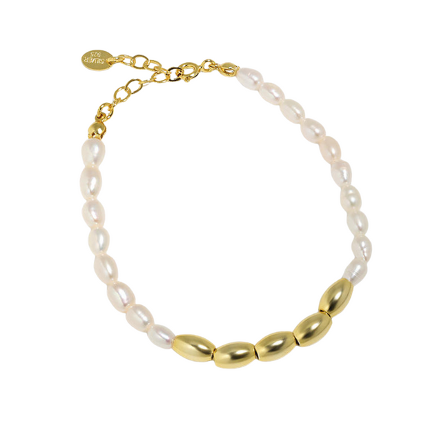 925 Sterling Silver Natural Freshwater Pearl Bracelet – Elegant Jewelry with Bead Accents