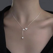 925 Sterling Silver Butterfly Necklace with Diamond and Pearl Tassel Chain