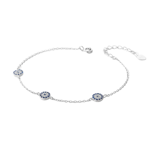 925 Sterling Silver Devil Eye Bracelet – Three Round Blue Evil Eye Charms with White Zircon