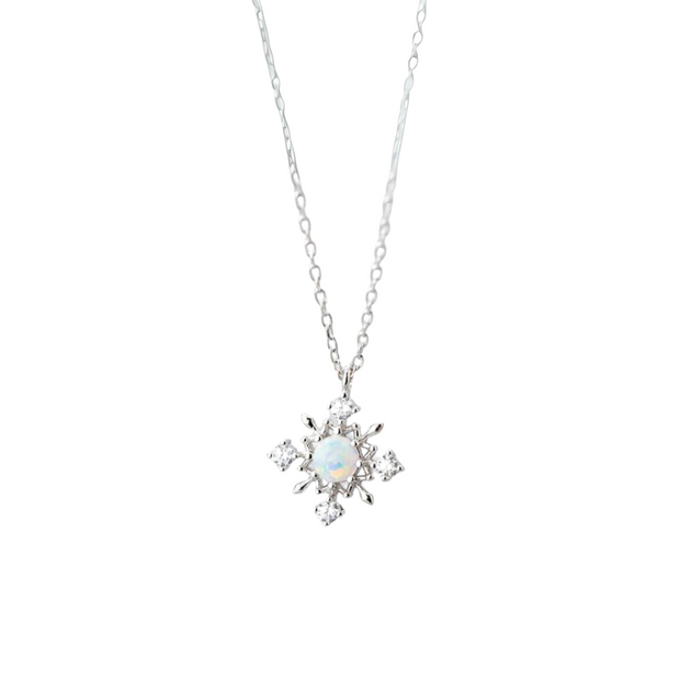 Frosted Elegance: 925 Sterling Silver Snowflake Opal Pendant Necklace