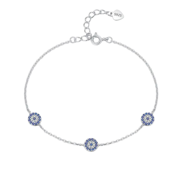 925 Sterling Silver Devil Eye Bracelet – Three Round Blue Evil Eye Charms with White Zircon