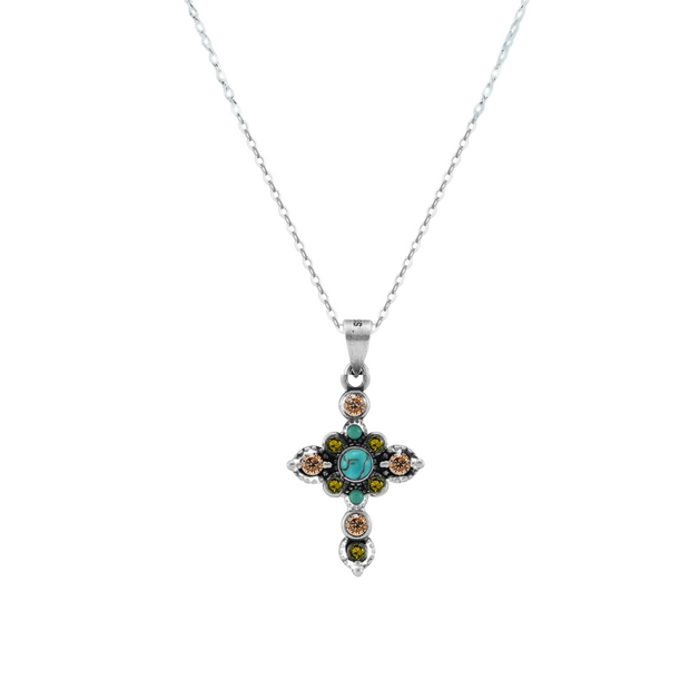 Sterling Silver Necklace with Natural Stone Turquoise Cross Pendant