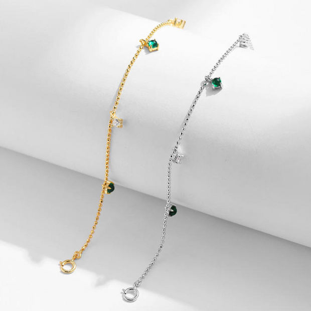 925 Sterling Silver Round White & Green Emerald Zircon Drop Diamond Gold Plated Bracelet