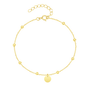 925 Sterling Silver Simple Round Disc Pendant and Small Beads Ball Chain Gold-Plated Bracelets