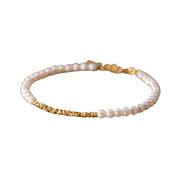 Delicate 925 Sterling Silver Bracelet with Small White Pearls and Gold Beads