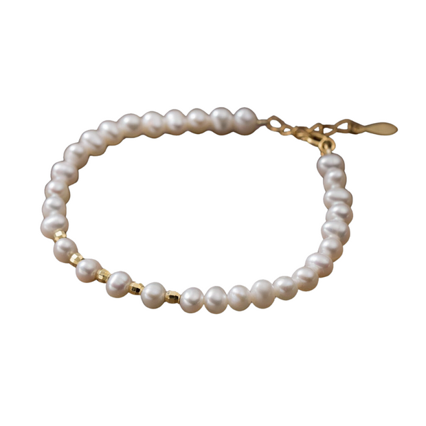 925 Sterling Silver Bracelet with Natural Pearls and Gold-Plated Round Beads