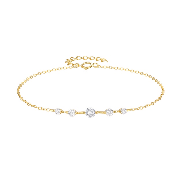 Sterling Silver Minimalist Simple Row of Five Diamond Zircon Gold Plated Bracelet