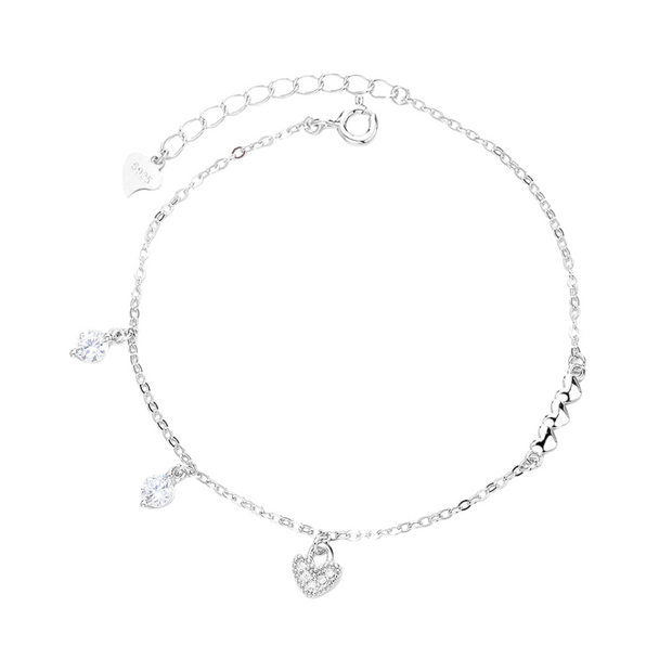 925 Sterling Silver Love Heart Charm Bracelet, Round Diamond Zircon Gold-Plated Bracelet