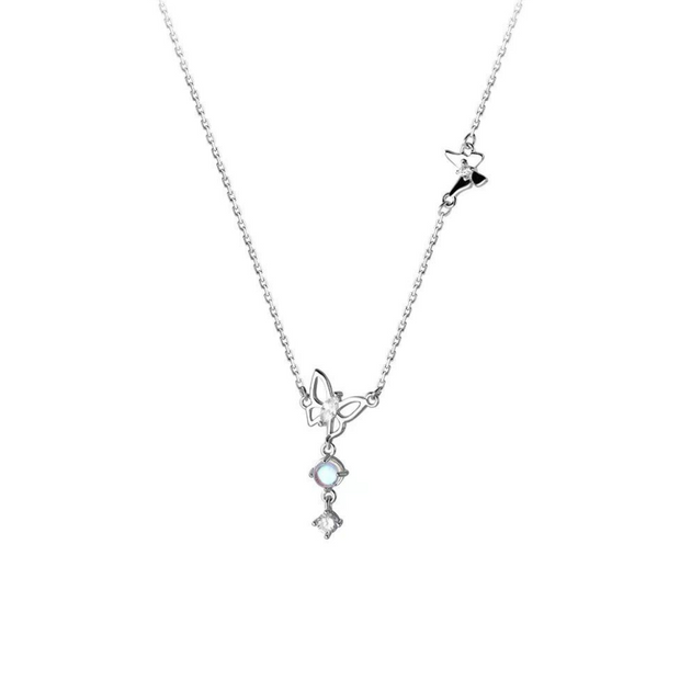 Elegant Butterfly Necklace: 925 Sterling Silver with Hollow Butterfly Pendant & Glass Bead