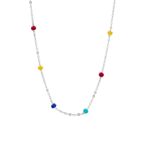 925 Sterling Silver Rainbow Color Chain Necklace with Oil Drop Enamel Bead Charms