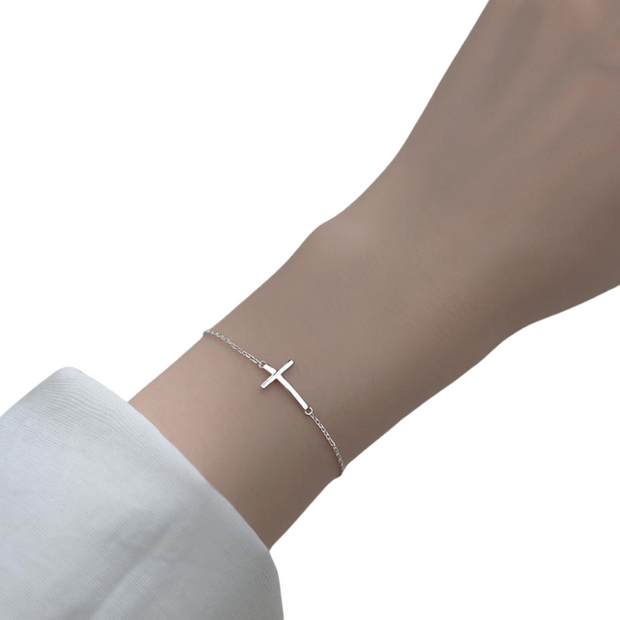 925 Sterling Silver Minimalist Cross Bracelet - Simple Plain Cross Charm Bracelet