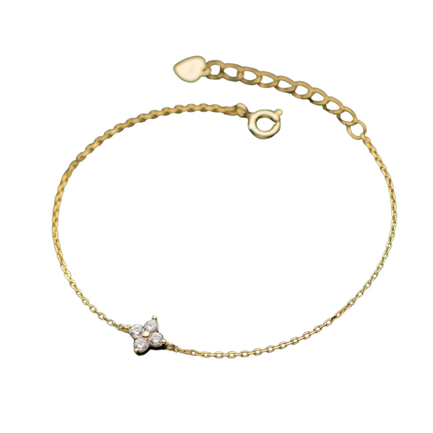 925 Sterling Silver Minimalist Clover Bracelet, Gold-Plated with Zircon Flower Petals