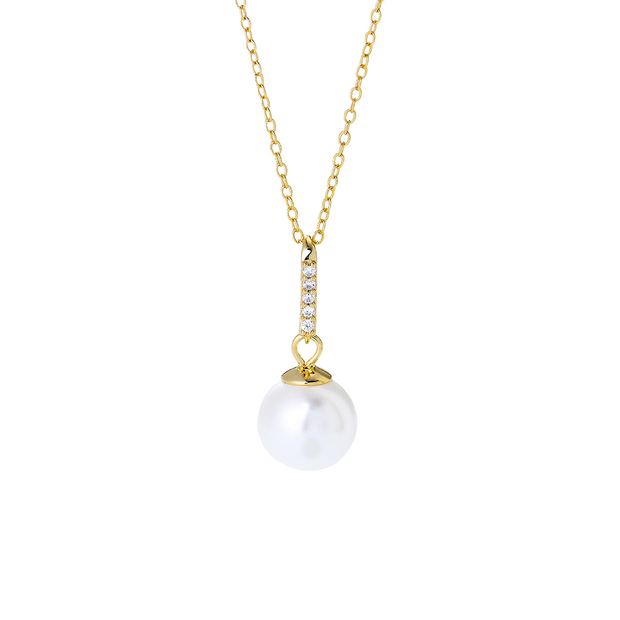 Timeless Elegance: 925 Silver Pearl Necklace with Zircon Bar and Round Pearl Pendant