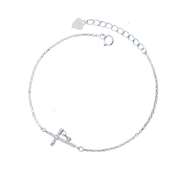 925 Sterling Silver Cross Bracelet for Women - Adjustable 6-8 Inches Zircon CZ Diamond Charm Bracelet