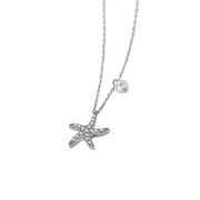 Starfish Charm: 925 Silver Pearl and Diamond Necklace with Five Star Zircon Accents