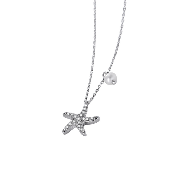 Starfish Charm: 925 Silver Pearl and Diamond Necklace with Five Star Zircon Accents