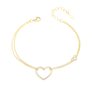 925 Sterling Silver Hollow Love Heart Zircon Double Chain Gold Plated Bracelet