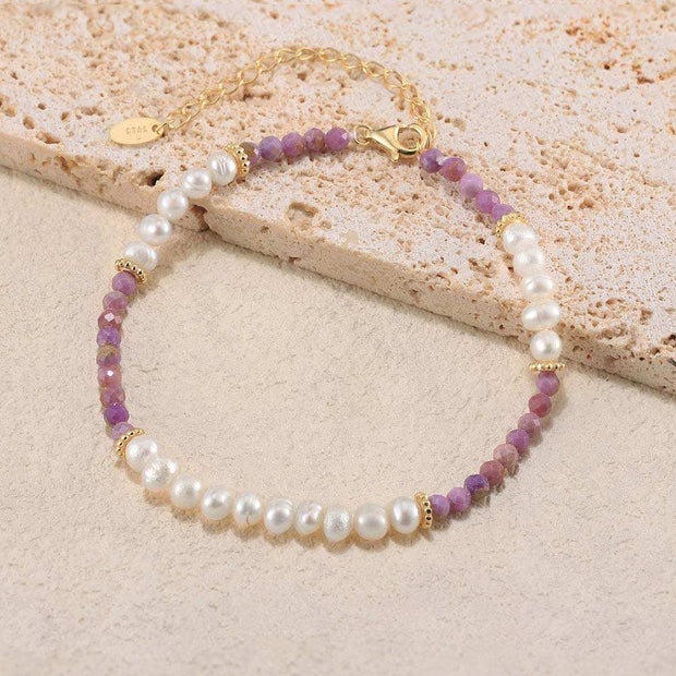 925 Sterling Silver Bracelet with Natural Freshwater Pearl and Purple Stone